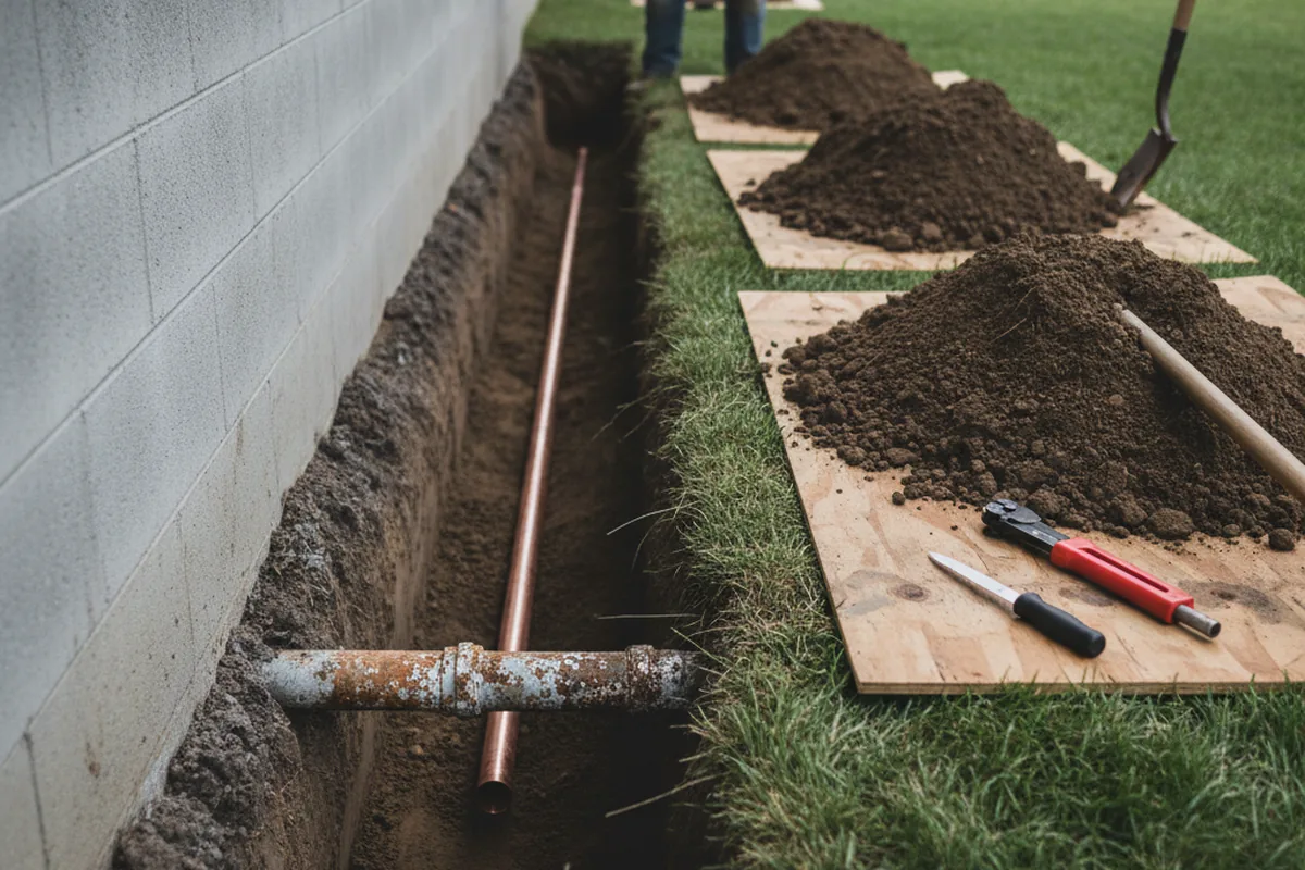 Excavated water line trench during Water Heater Repair in Victorville